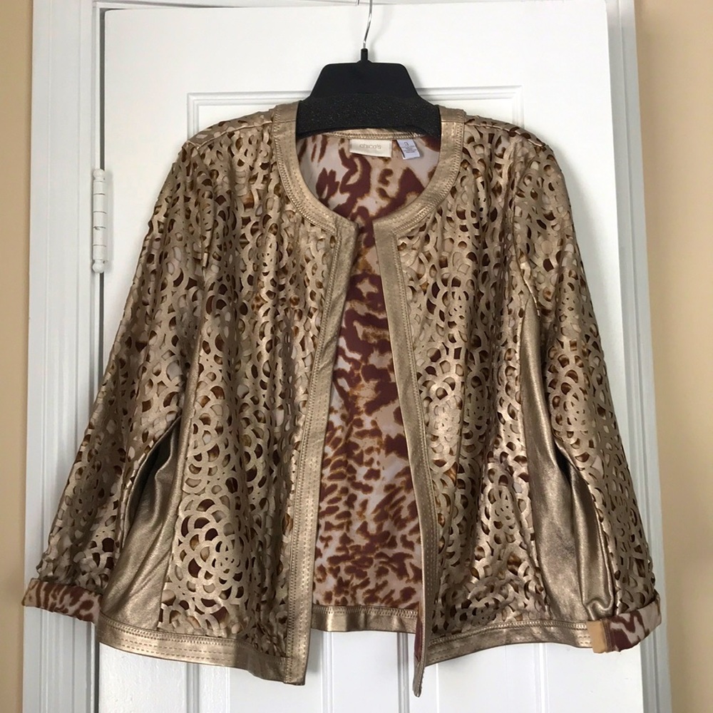Chico’s Faux leather metallic cutout jacket Sz 3